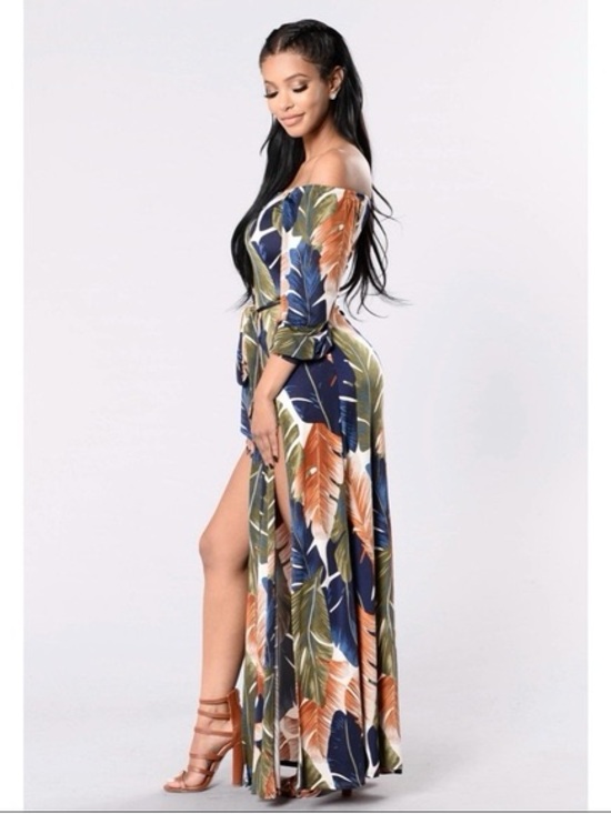 Fashion Nova Dresses & Skirts - Fashion Nova One-Shoulder Tropical Maxi Dress in Navy, Olive & Rust